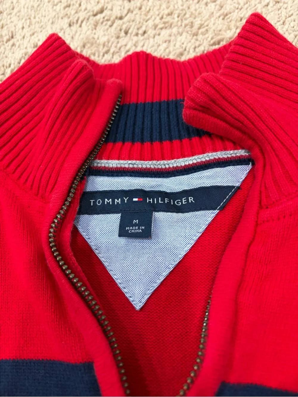 Tommy Hilfiger Red and Navy Striped Quarter-Zip Sweater